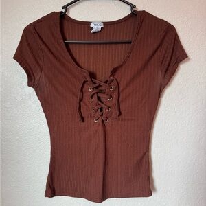 Rue21 Chocolate Lace-Up Ribbed Blouse